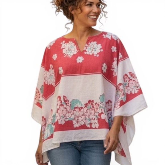 Tops - OS Plus Vintage Handmade Floral Tablecloth Caftan Top Red Wht Turquse Split Neck